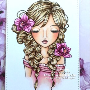 Digital Stamp, Digi Stamp, digistamp, Alanna by Conie Fong, Coloring Page, girl, flower, orchid, birthday, braids image 7