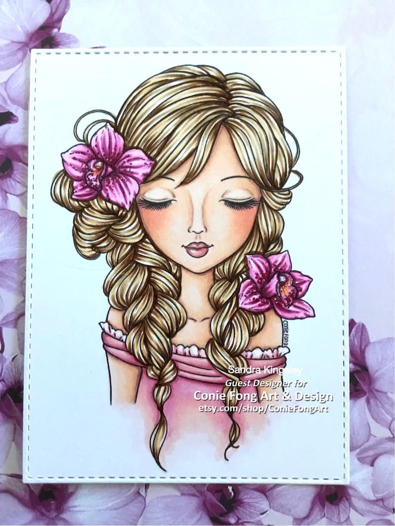 Digital Stamp, Digi Stamp, digistamp, Alanna by Conie Fong, Coloring Page, girl, flower, orchid, birthday, braids image 7