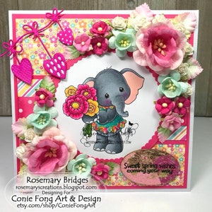 Digital Stamp, Digi Stamp, Digistamp, Ellie Bouquet by Conie Fong, Coloring Page, Mother's Day, Elephant, Birthday, flowers, girl image 6