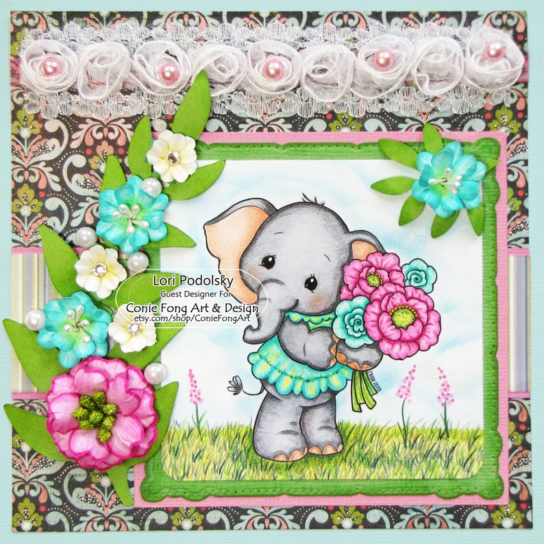 Digital Stamp, Digi Stamp, Digistamp, Ellie Bouquet by Conie Fong, Coloring Page, Mother's Day, Elephant, Birthday, flowers, girl image 4