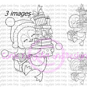 Digital Stamp, Digi Stamp, Digistamp, Snowy Delivering Presents by Conie Fong, Penguin, valentines, birthday, Christmas, coloring page