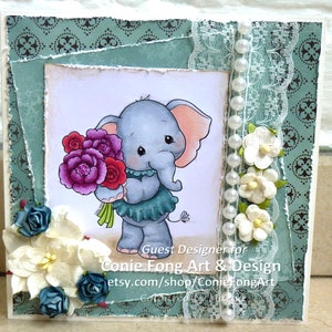 Digital Stamp, Digi Stamp, Digistamp, Ellie Bouquet by Conie Fong, Coloring Page, Mother's Day, Elephant, Birthday, flowers, girl image 7