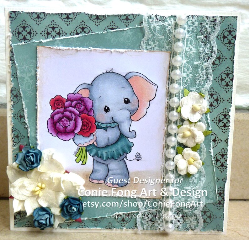 Digital Stamp, Digi Stamp, Digistamp, Ellie Bouquet by Conie Fong, Coloring Page, Mother's Day, Elephant, Birthday, flowers, girl image 7