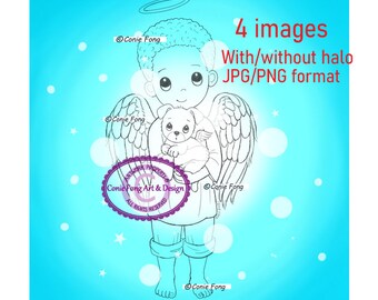 Digital stamp, digi stamp, digistamp, Friendship Angel Cody by Conie Fong, dog, Birthday, Sympathy, Get Well, Color Page, Thinking of You