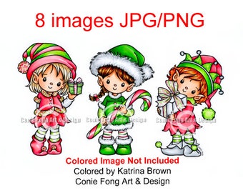 Digital Stamp, Digi Stamp, digistamp, Christmas Girl Elves by Conie Fong, elf, candy cane, Santa, coloring page