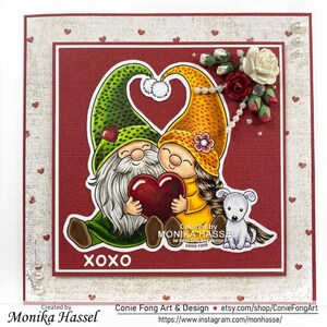 Digital Stamp, Digi Stamp, digistamp, Gnome Sweethearts With Dogs by Conie Fong, Birthday, Anniversary, Love, Valentine's, Dog coloring page image 7