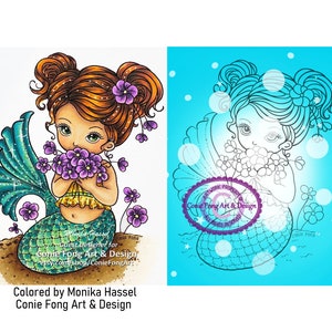 Digital Stamp, Digi Stamp, digistamp, Flowers on the beach by Conie Fong, Coloring Page, mermaid, girl, fantasy, girl, Birthday, Sympathy