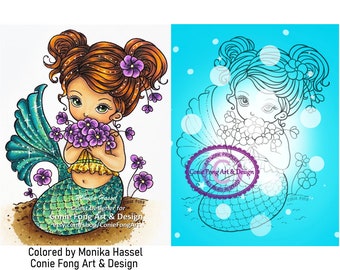 Digital Stamp, Digi Stamp, digistamp, Flowers on the beach by Conie Fong, Coloring Page, mermaid, girl, fantasy, girl, Birthday, Sympathy