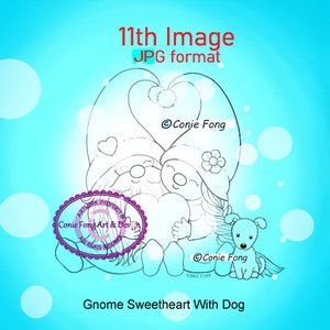 Digital Stamp, Digi Stamp, digistamp, Gnome Sweethearts With Dogs by Conie Fong, Birthday, Anniversary, Love, Valentine's, Dog coloring page image 3