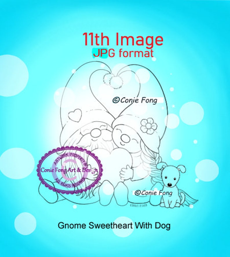 Digital Stamp, Digi Stamp, digistamp, Gnome Sweethearts With Dogs by Conie Fong, Birthday, Anniversary, Love, Valentine's, Dog coloring page image 3