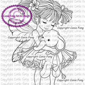 Digital Stamp, Digi Stamp, digistamp, Emma and Ellie With Wings by Conie Fong, Girl, Fairy, elephant, fantasy, children, coloring page