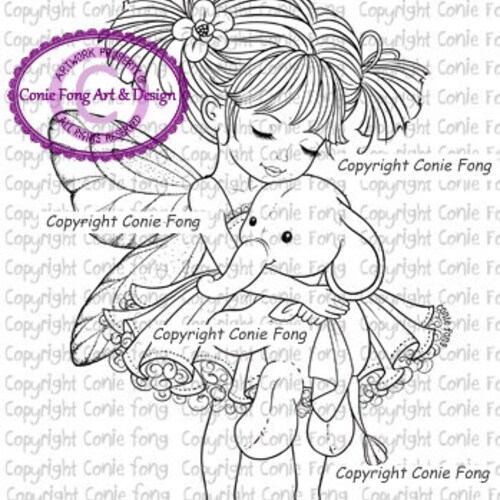 Digital Stamp, Digi Stamp, digistamp, Emma and Ellie With Wings by Conie Fong, Girl, Fairy, elephant, fantasy, children, coloring page