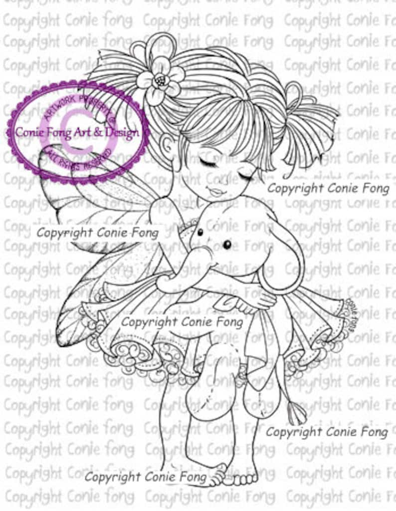 Digital Stamp, Digi Stamp, digistamp, Emma and Ellie With Wings by Conie Fong, Girl, Fairy, elephant, fantasy, children, coloring page image 1