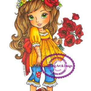 digital stamp, digi stamp, digistamp, Penelope Poppy by Conie Fong, girl, Birthday, Mother&#39;s Day, Get Well, Flower, poppy, coloring page