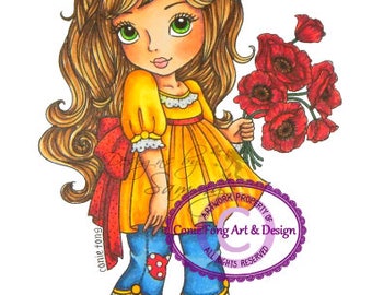 digital stamp, digi stamp, digistamp, Penelope Poppy by Conie Fong, girl, Birthday, Mother's Day, Get Well, Flower, poppy, coloring page