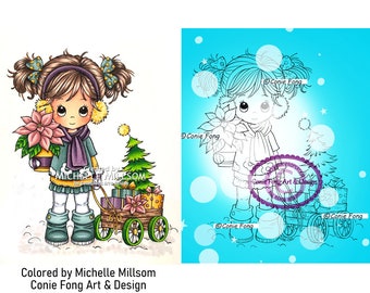 Digital Stamp, Digi Stamp, Digistamp, Molly's Christmas by Conie Fong, Girl, Christmas,  poinsettia, tree, wagon, presents, coloring page