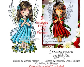 Digital stamp, digi stamp, digistamp, Angel Prayers by Conie Fong, Birthday, Sympathy, Get Well, Thinking of You, Girl, Color Page