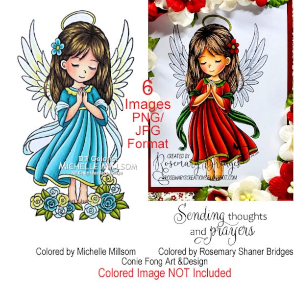 Digital stamp, digi stamp, digistamp, Angel Prayers by Conie Fong, Birthday, Sympathy, Get Well, Thinking of You, Girl, Color Page