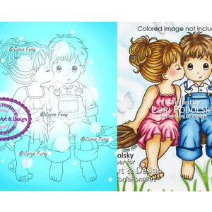 Sello digital, sello digital, digistamp, Besado por un ángel Conie Fong, San Valentín, amor, página para colorear, niño, niña, niños, amistad