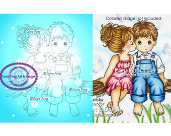 Digital Stamp, Digi Stamp, digistamp,  Kissed By An Angel  Conie Fong, valentines, love, coloring page, boy, girl, children, friendship