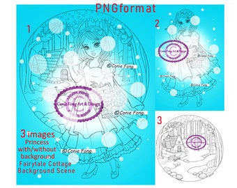 SALE Digital Stamp, Digi Stamp, digistamp, Princess Aria Fairytale Cottage Bundle by Conie Fong, birthday,forest, girl, background