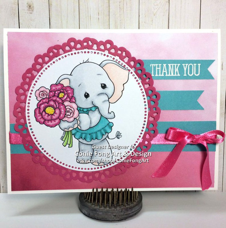 Digital Stamp, Digi Stamp, Digistamp, Ellie Bouquet by Conie Fong, Coloring Page, Mother's Day, Elephant, Birthday, flowers, girl image 8