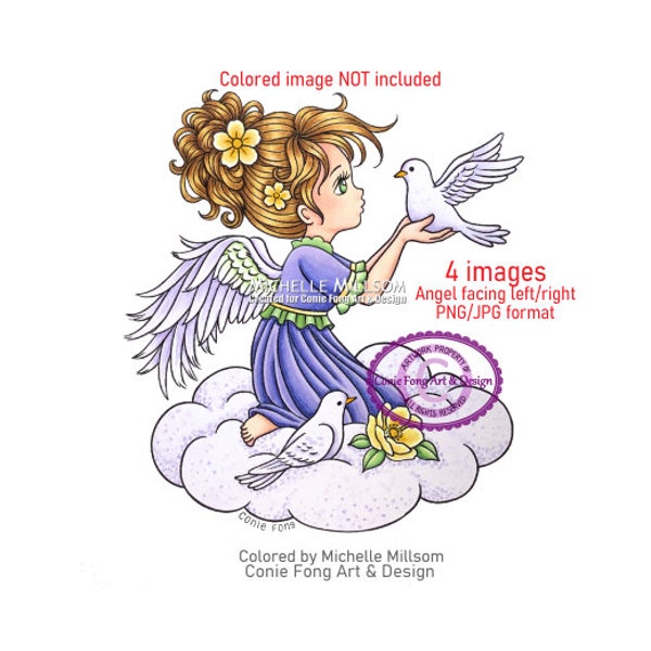 Digital stamp, digi stamp, digistamp, Angel Messenger by Conie Fong, Birthday, Sympathy, Get Well, Thinking of You, Girl, Bird, Color Page