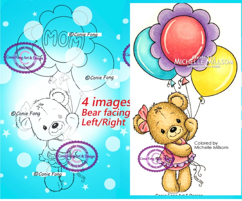 Digital Stamp, Digi Stamp, digistamp, Conie Fong, Coloring Page, Mother's Day, Birthday, Teddy Bear, Valentines, Get Well, Balloon image 1