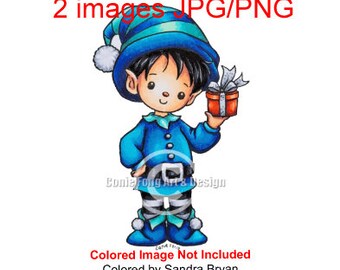 Digital Stamp, Digi Stamp, digistamp, Little Gift Boy Elf by Conie Fong, elf, Santa, Elves, Christmas, present, gift, coloring page
