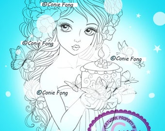 Digital Stamp, Digi Stamp, digistamp,  Butterfly Wishes by Conie Fong, flower, peony, birthday cake, Coloring Page, girl, braids