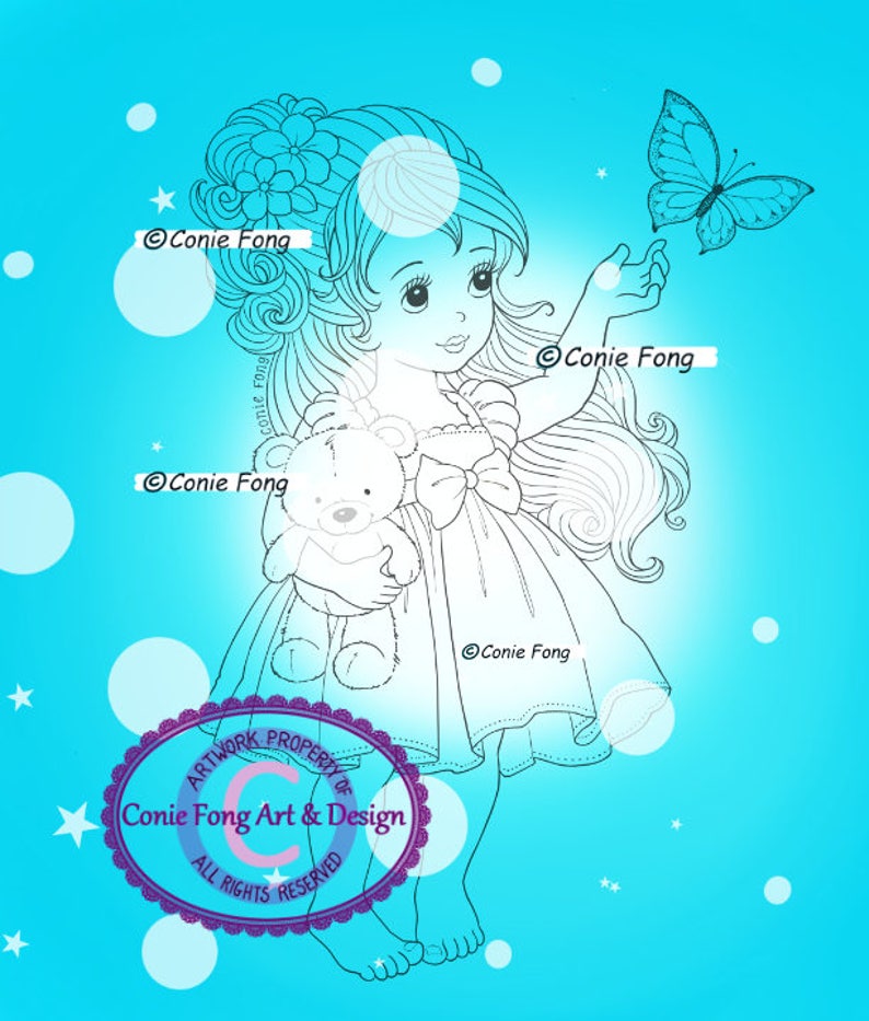 Digital Stamp, Digi Stamp, digistamp, Butterfly Princess by Conie Fong, girl, teddy bear, birthday, Thinking of you, coloring page image 1