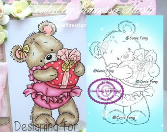 Digital Stamp, Digi Stamp, Digistamp, Bella With Gift Conie Fong, Coloring, Teddy Bear, Love, Valentines, Heart, birthday, Mother's Day