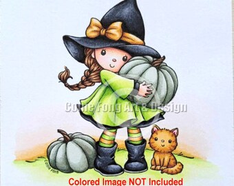 Digital Stamp, Digi Stamp, digistamp, Pumpkin Emily by Conie Fong, Halloween, witch, girl, Autumn, cat, kitty