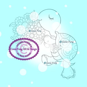 Disegno di Timbro digitale, Francobollo Digi, Digistamp, Pepe con fiori di Conie Fong, Tartaruga, Fiori, Animale, Compleanno, Guarire, Disegno da colorare