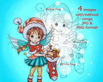 Digital Stamp, Digi Stamp, digistamp, Molly's Christmas Stocking Bundle by Conie Fong, girl, Christmas, fairy, coloring page