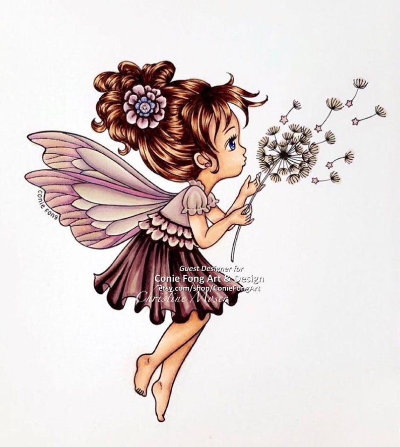 Digital Stamp, Digi Stamp, digistamp, Dandelion Wishes by Conie Fong, fairy, girl, Birthday, Get Well, Love, coloring page image 3