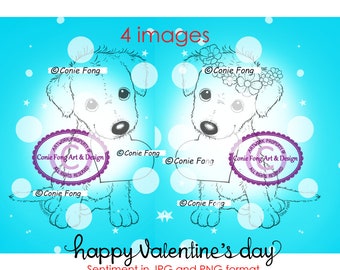 Digital Stamp, Digi Stamp, Digistamp, by Conie Fong, Valentine's, Puppy, Dog, Heart, sympathy, birthday, flowers, girl, boy,  coloring page