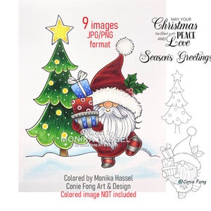 SALE Digital Stamp, Digi Stamp, digistamp, Weihnachtsgeschenk, Wichtel und Sentiment Bundle von Conie Fong, Weihnachtsmann, Weihnachtsbaum, Malvorlage