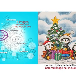 Digitaler Stempel, Digistempel, Digistamp, Weihnachtsfreude von Conie Fong, Ausmalseite, Baum, Pinguin, Geschenke, Geburtstag, Junge, Mädchen