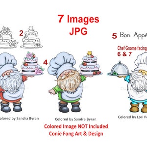 May include: Digital art featuring a chef gnome holding a cake, with text that reads "7 Images JPG" and "Bon Appétit". The image includes several variations of the chef gnome and cake designs, with some in black and white.