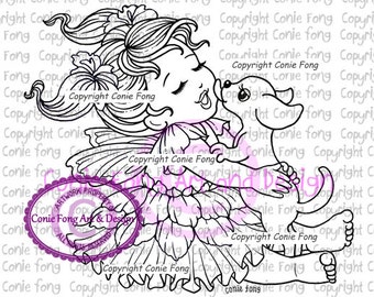 Digital Stamp, Digi Stamp, digistamp, Puppy Love by Conie Fong, Coloring Page, Baby Girl, Fairy, puppy, dog, scrapbooking