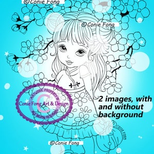 Digital Stamp, Digi Stamp, digistamp, 2 images Little Blossom by Conie Fong, girl,  birthday, coloring page, oriental, flower