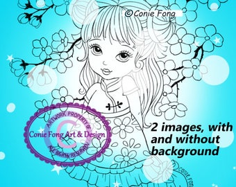 Digital Stamp, Digi Stamp, digistamp, 2 images Little Blossom by Conie Fong, girl,  birthday, coloring page, oriental, flower