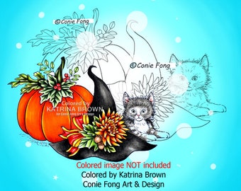 Digital Stamp, Digi Stamp, Digistamp, Sweet Autumn Kitty by Conie Fong, cat, kitty, kitties, fall, autumn, Halloween, pumpkin