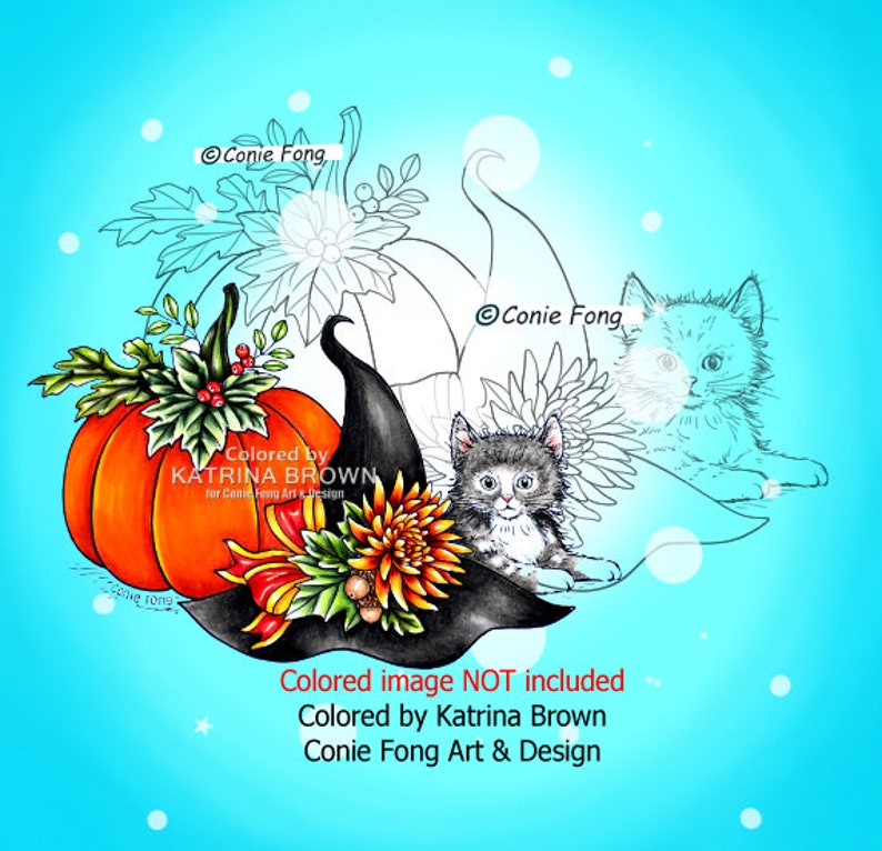 Digital Stamp, Digi Stamp, Digistamp, Sweet Autumn Kitty by Conie Fong, cat, kitty, kitties, fall, autumn, Halloween, pumpkin image 1