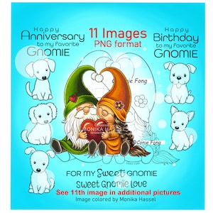 Digital Stamp, Digi Stamp, digistamp, Gnome Sweethearts With Dogs by Conie Fong, Birthday, Anniversary, Love, Valentine's, Dog coloring page image 1