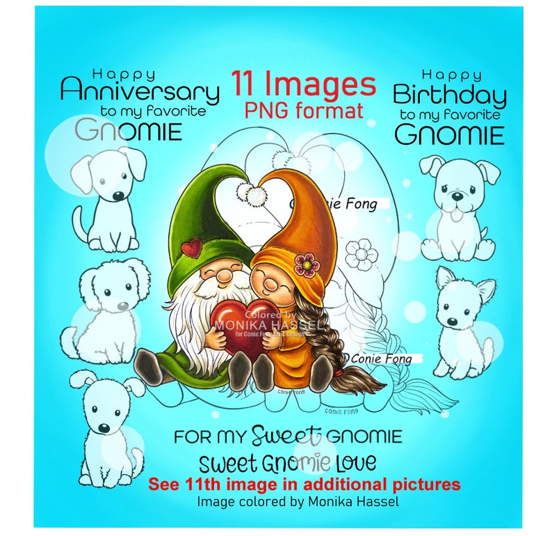 Digital Stamp, Digi Stamp, digistamp, Gnome Sweethearts With Dogs by Conie Fong, Birthday, Anniversary, Love, Valentine's, Dog coloring page image 1