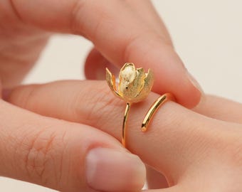 Adjustable Tulip Ring in Sterling Silver or Gold Vermeil – Handmade Tulip Flower Jewelry,Spring Flower Statement Ring