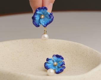 Blue Poppy Pearl Drop Earrings, Hand Painted Enamel Floral Dangle Studs, Hypoallergenic 925 Silver Posts, Vintage Midnight Garden Gift