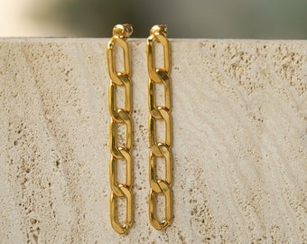 Long Link CHAIN EARRINGS, Minimalist Golden Chain, Gold Chain Stud Earrings,Versatile Jewelry, Gold Dangle Jewelry,Curb Link Earrings